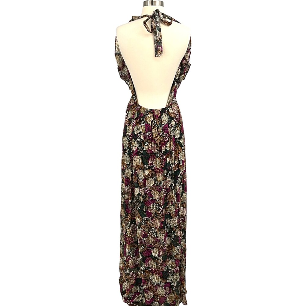 Ba&Sh Leo Woven Emerald Maxi Dress Size 3 / L Halter Metallic Open Back Prom - Picture 6 of 15